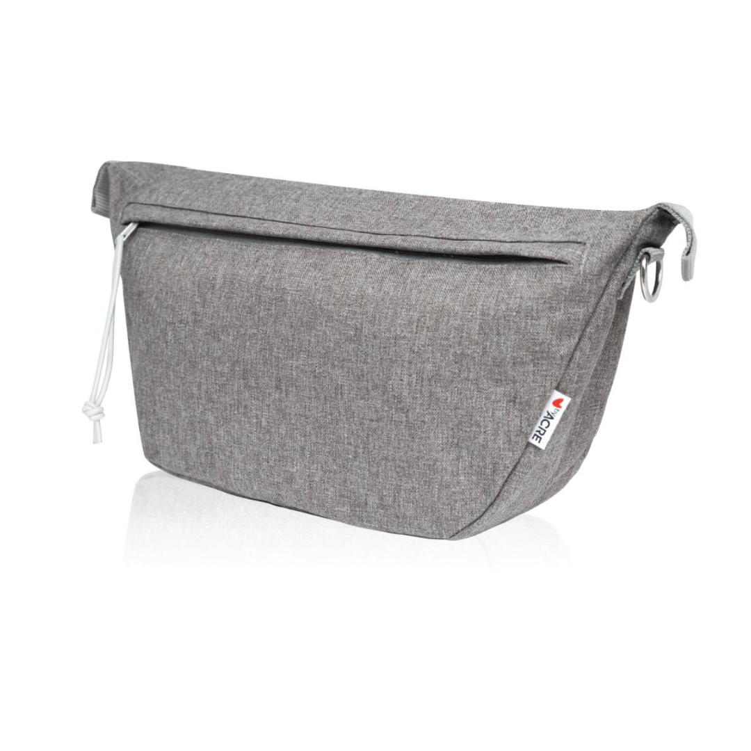 A minimalist light gray sling bag from ByAcre Accessories for the Ultralight Carbon Fiber Rollators, featuring a zippered closure, adjustable pull cord, and small white logo tag. Photographed against a white background.
